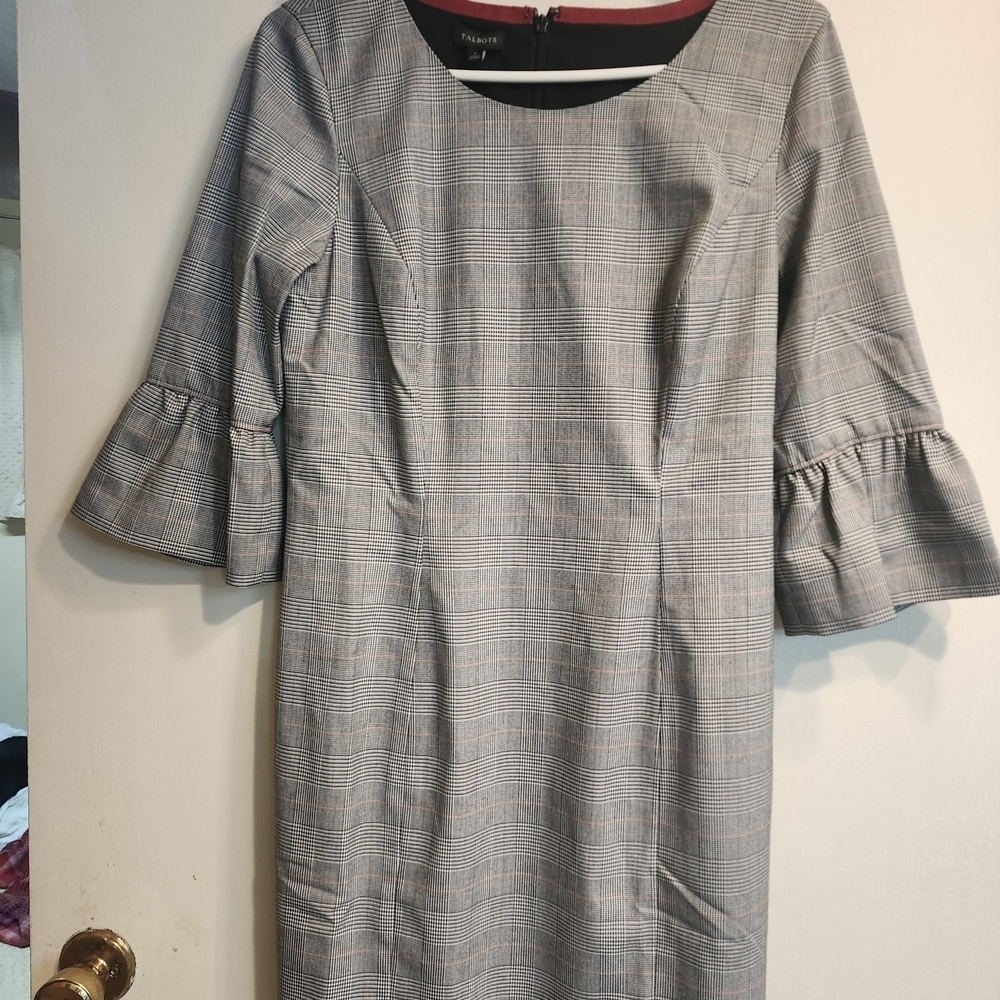 Talbots Gray Plaid Bell Sleeve Dress